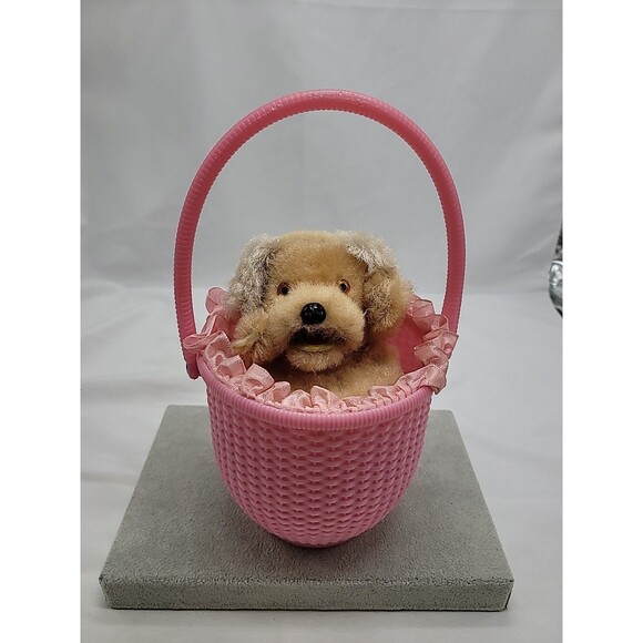Vintage 1960s Pink "Little Dog In The Basket" Wind Up Mechanical Toy Japan Works - Picture 1 of 15
